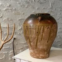 Petite jarre en terre cuite ancienne à coulures vertes 50cm x 40cm - Les Terres d'Espagne