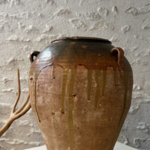 Petite jarre en terre cuite ancienne à coulures vertes 50cm x 40cm - Les Terres d'Espagne